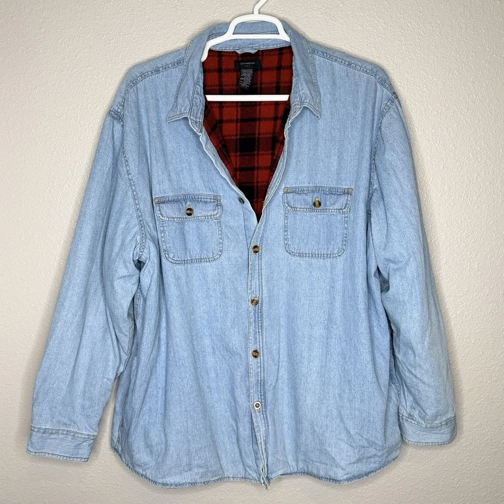 VTG 90s Denim Shirt Jacket Flannel Lined Plaid Grunge Workwear Barn‎ Coat XL